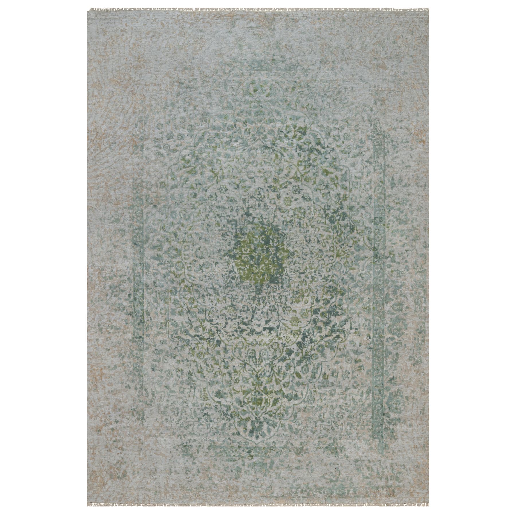 9'9"x14' Silver with Green, Broken and Erased Persian Design, Hand Knotted, Wool and Pure Silk, Oriental Rug 